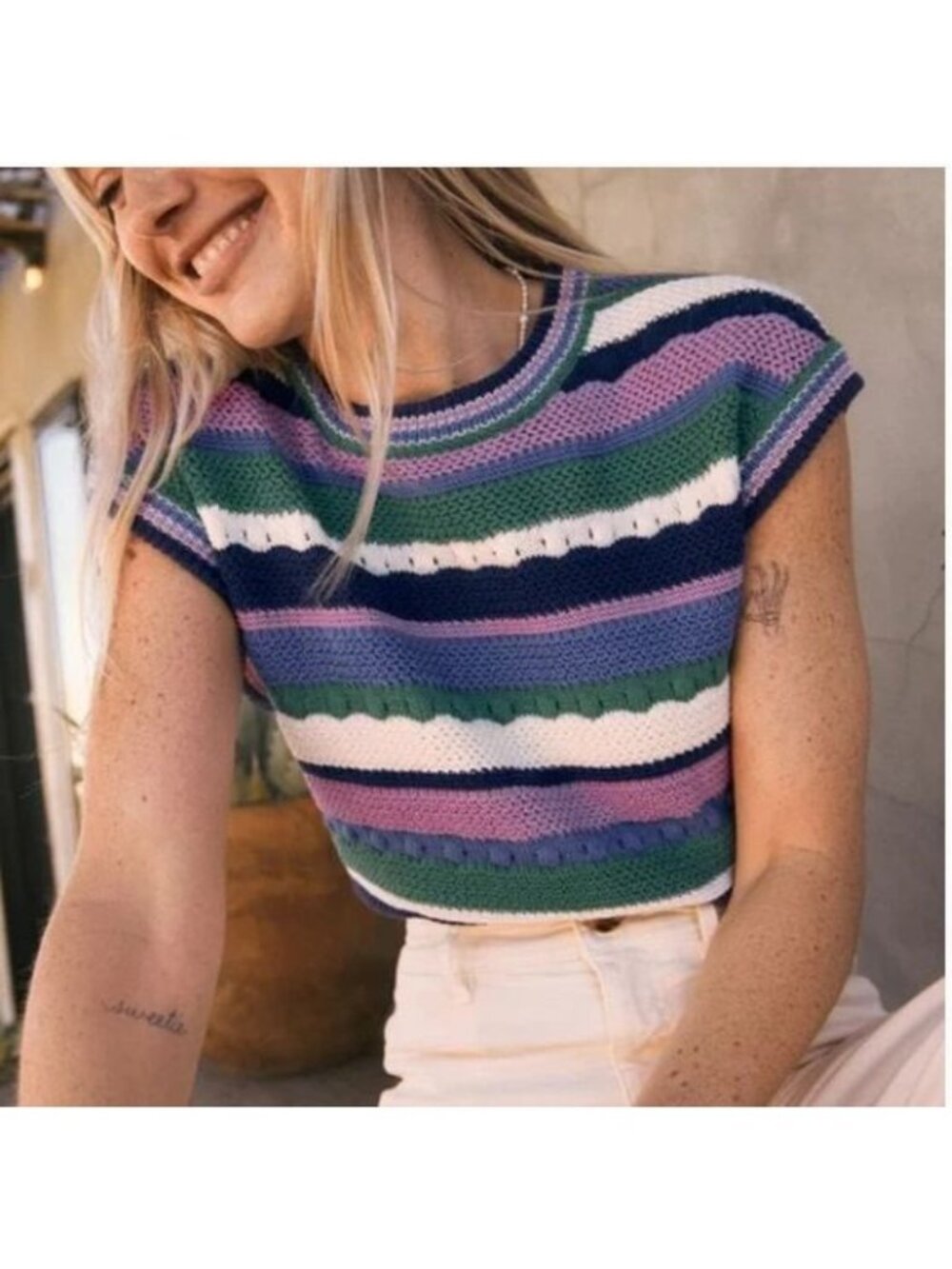 Marine Layer Rory Crochet Vest Cool Stripe Sleeveless Top Knitwear Small NWT - Picture 1 of 15
